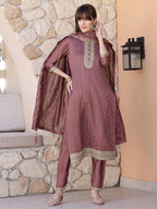 Sequined Embroidered Silk Blend Kurta With Pant & Embroidered Dupatta, Mauve - Hiral Fashion