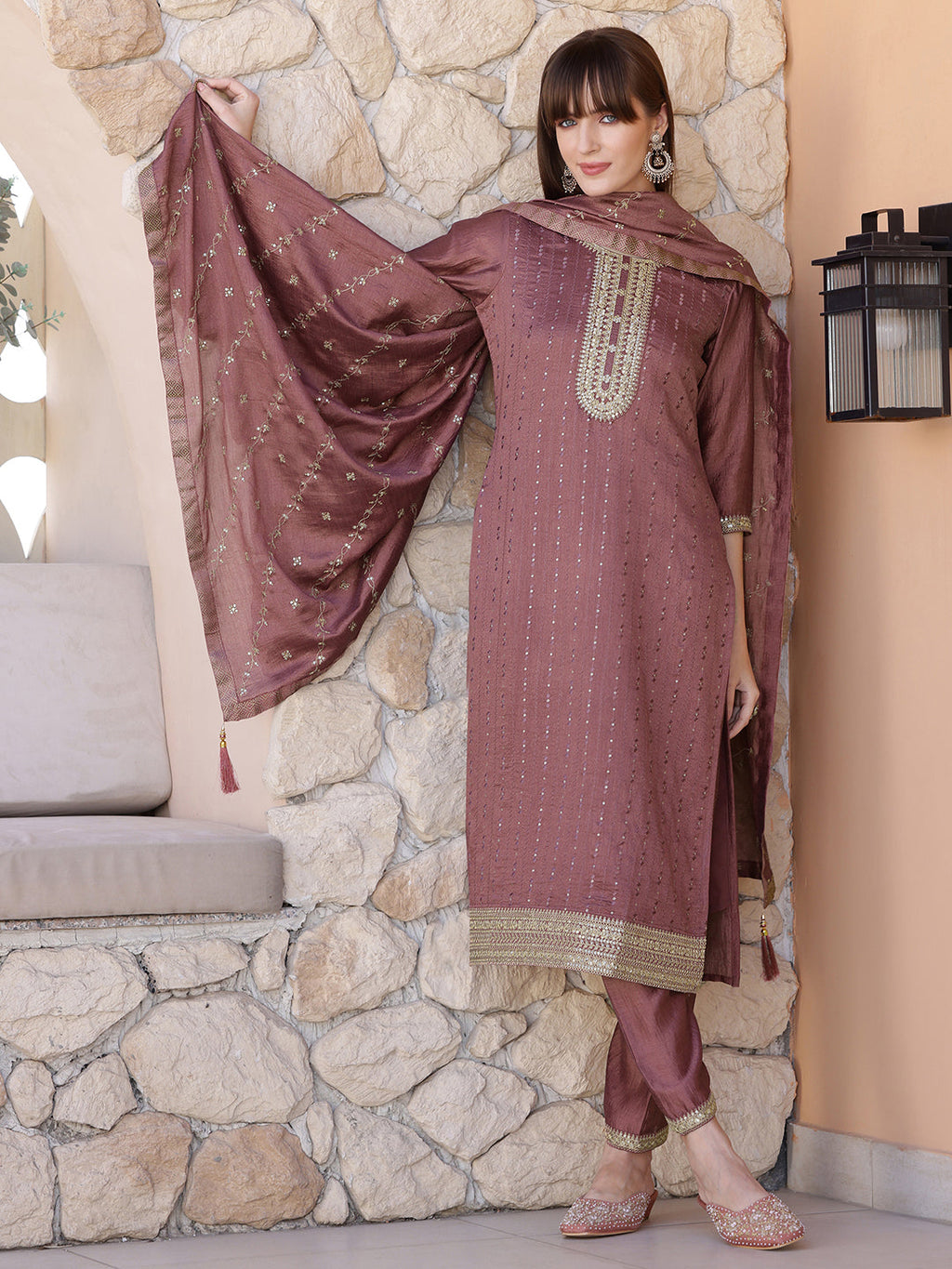 Sequined Embroidered Silk Blend Kurta With Pant & Embroidered Dupatta, Mauve - Hiral Fashion
