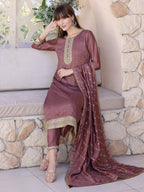 Sequined Embroidered Silk Blend Kurta With Pant & Embroidered Dupatta, Mauve - Hiral Fashion