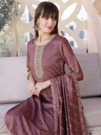 Sequined Embroidered Silk Blend Kurta With Pant & Embroidered Dupatta, Mauve - Hiral Fashion