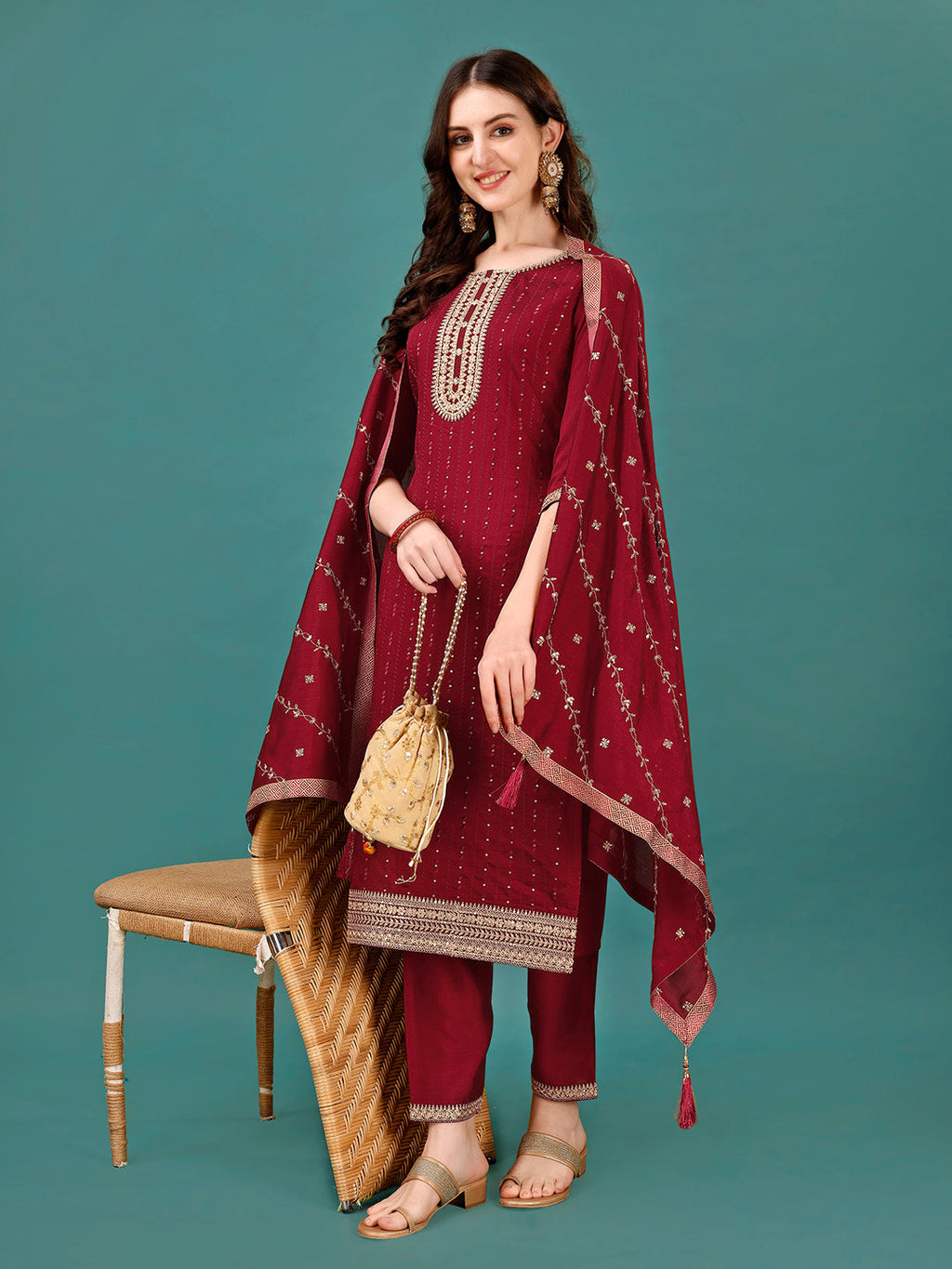 Sequined Embroidered Straight Kurta With Trousers & With Embroidered Dupatta Premium, Multicolor - Hiral Fashion