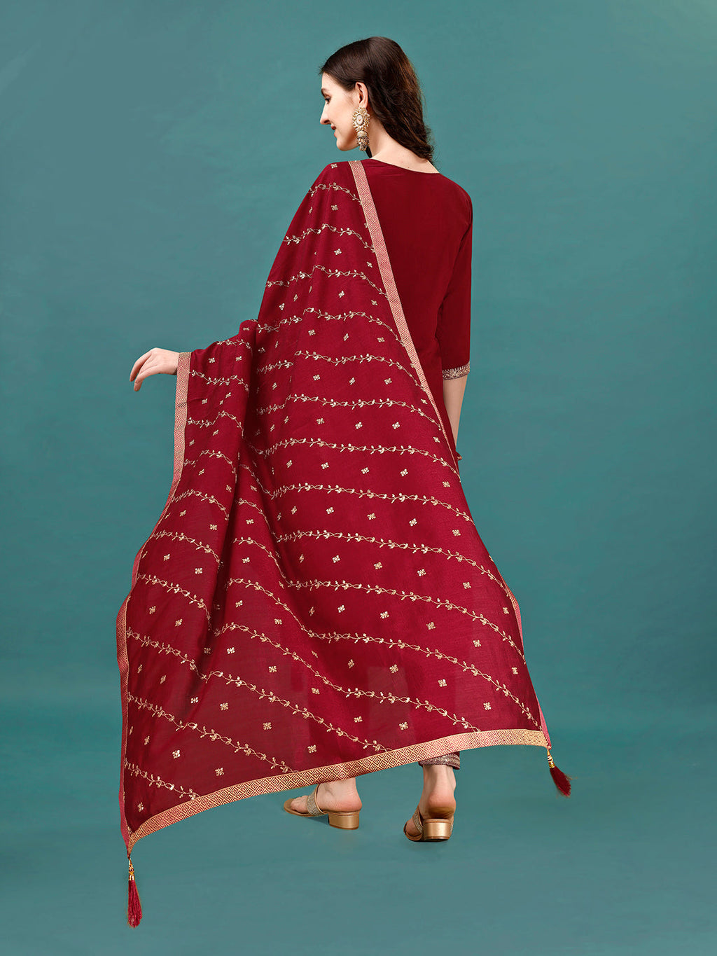 Sequined Embroidered Straight Kurta With Trousers & With Embroidered Dupatta Premium, Multicolor - Hiral Fashion