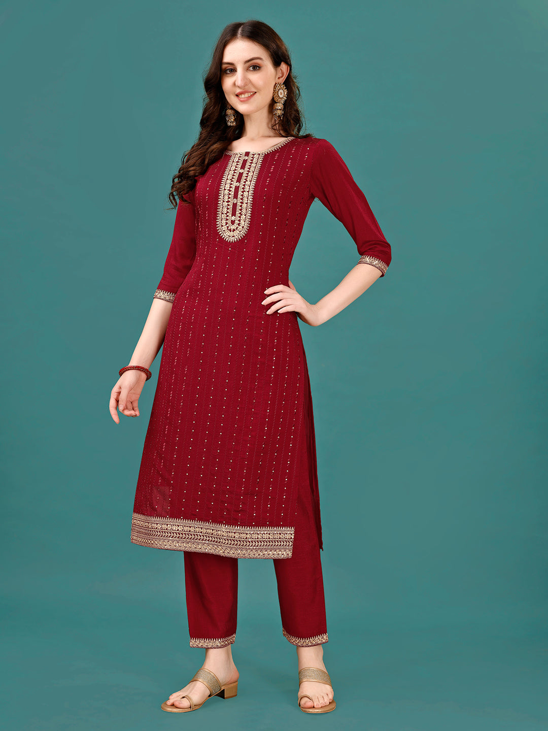 Sequined Embroidered Straight Kurta With Trousers & With Embroidered Dupatta Premium, Multicolor - Hiral Fashion