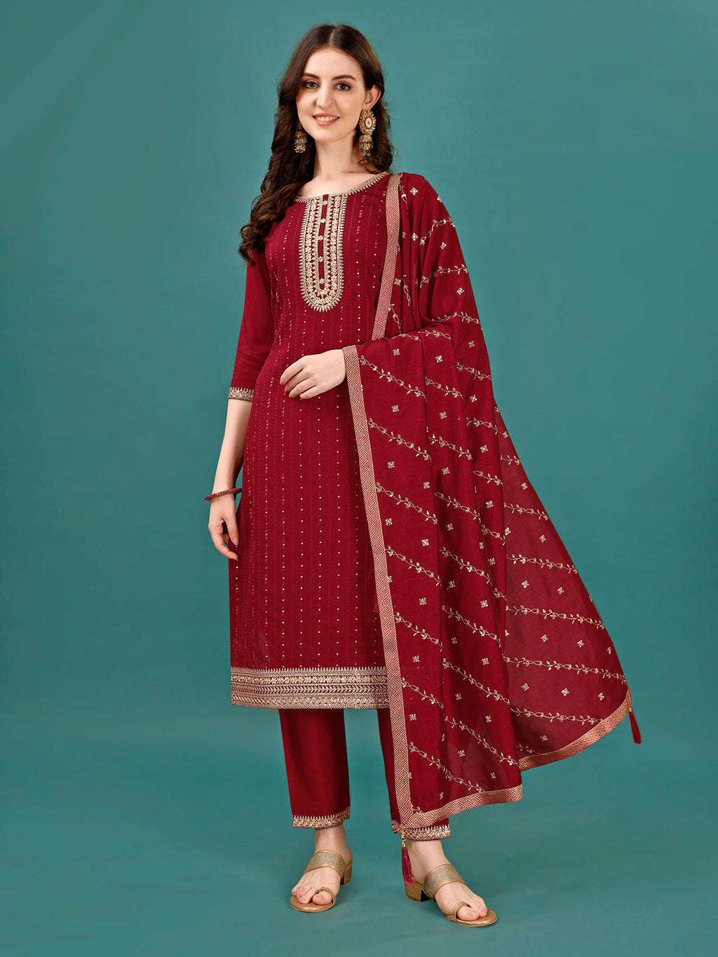 Sequined Embroidered Straight Kurta With Trousers & With Embroidered Dupatta Premium, Multicolor - Hiral Fashion