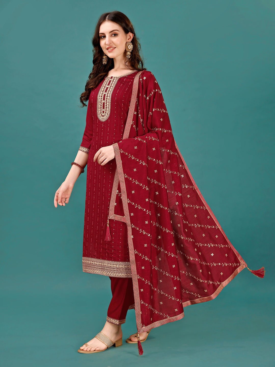 Sequined Embroidered Straight Kurta With Trousers & With Embroidered Dupatta Premium, Multicolor - Hiral Fashion
