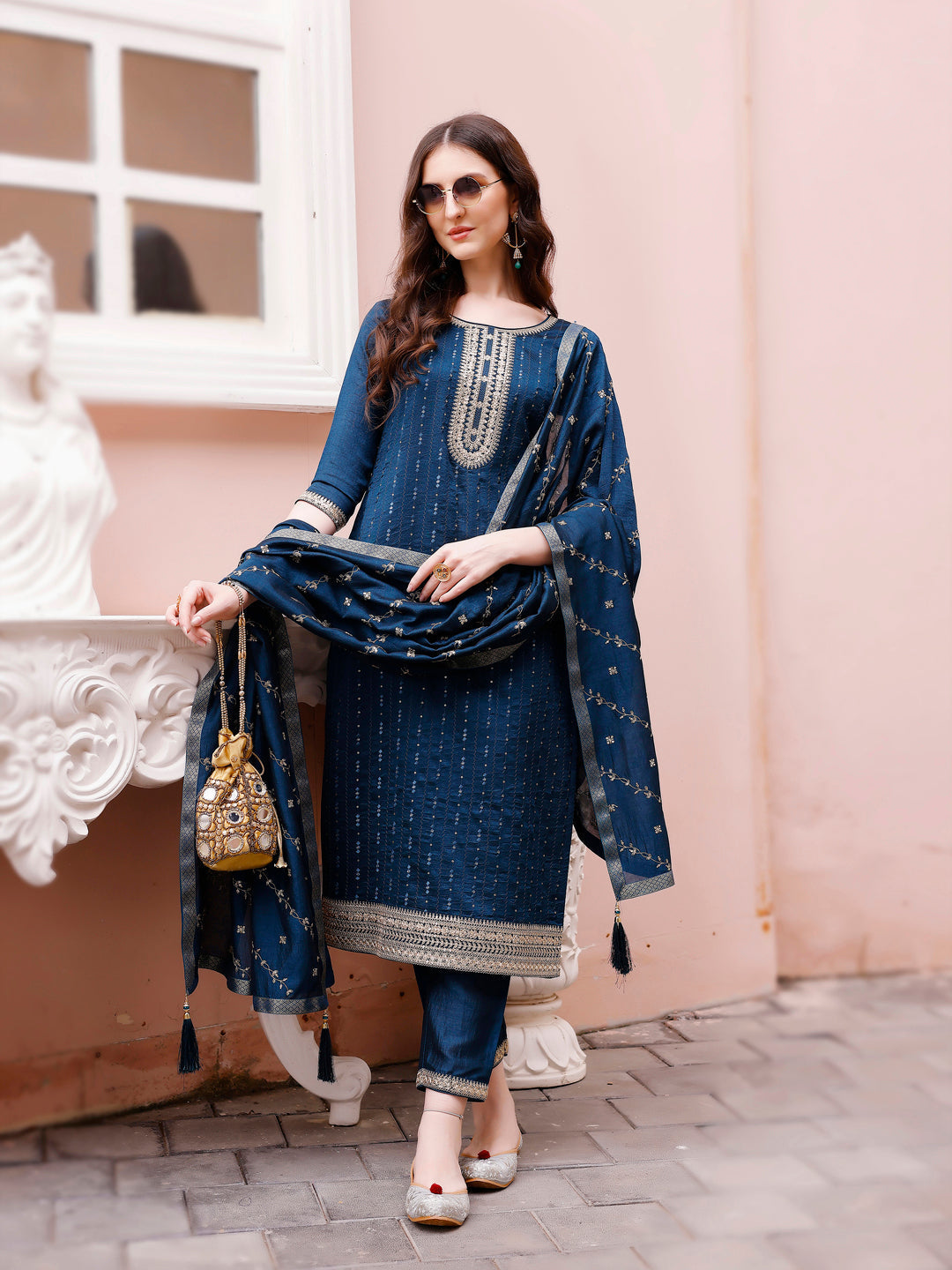 Sequined Embroidered Kurta With Pant & Embroidered Dupatta Premium Luxury, Multicolor - Hiral Fashion