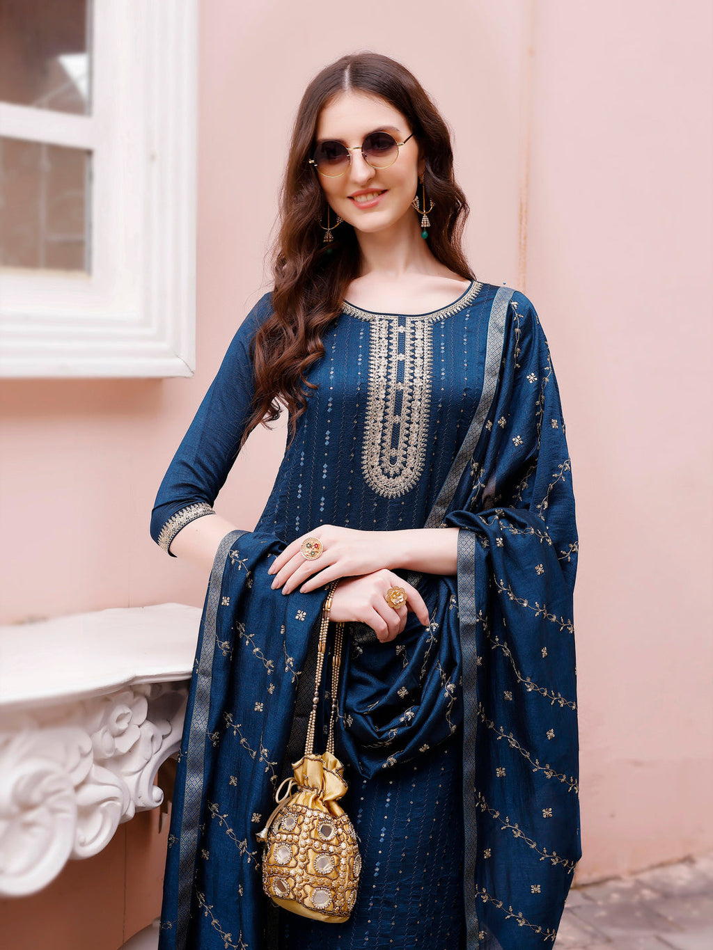 Sequined Embroidered Kurta With Pant & Embroidered Dupatta Premium Luxury, Multicolor - Hiral Fashion