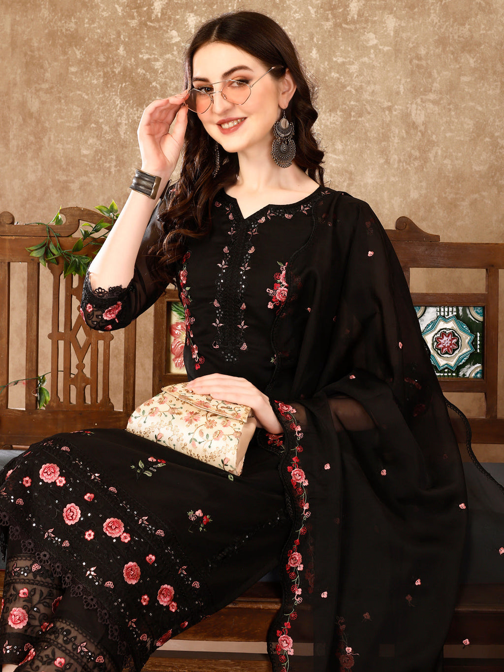 Pakistani Embroidered Kurta With Embroidered Pant & Embroidered Dupatta Premium Luxury, Multicolor - Hiral Fashion