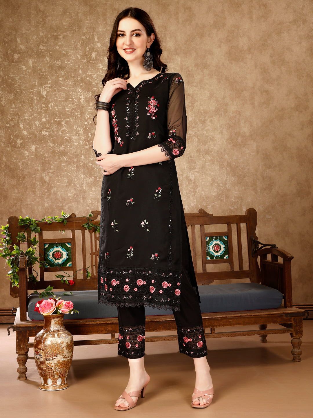 Pakistani Embroidered Kurta With Embroidered Pant & Embroidered Dupatta Premium Luxury, Multicolor - Hiral Fashion