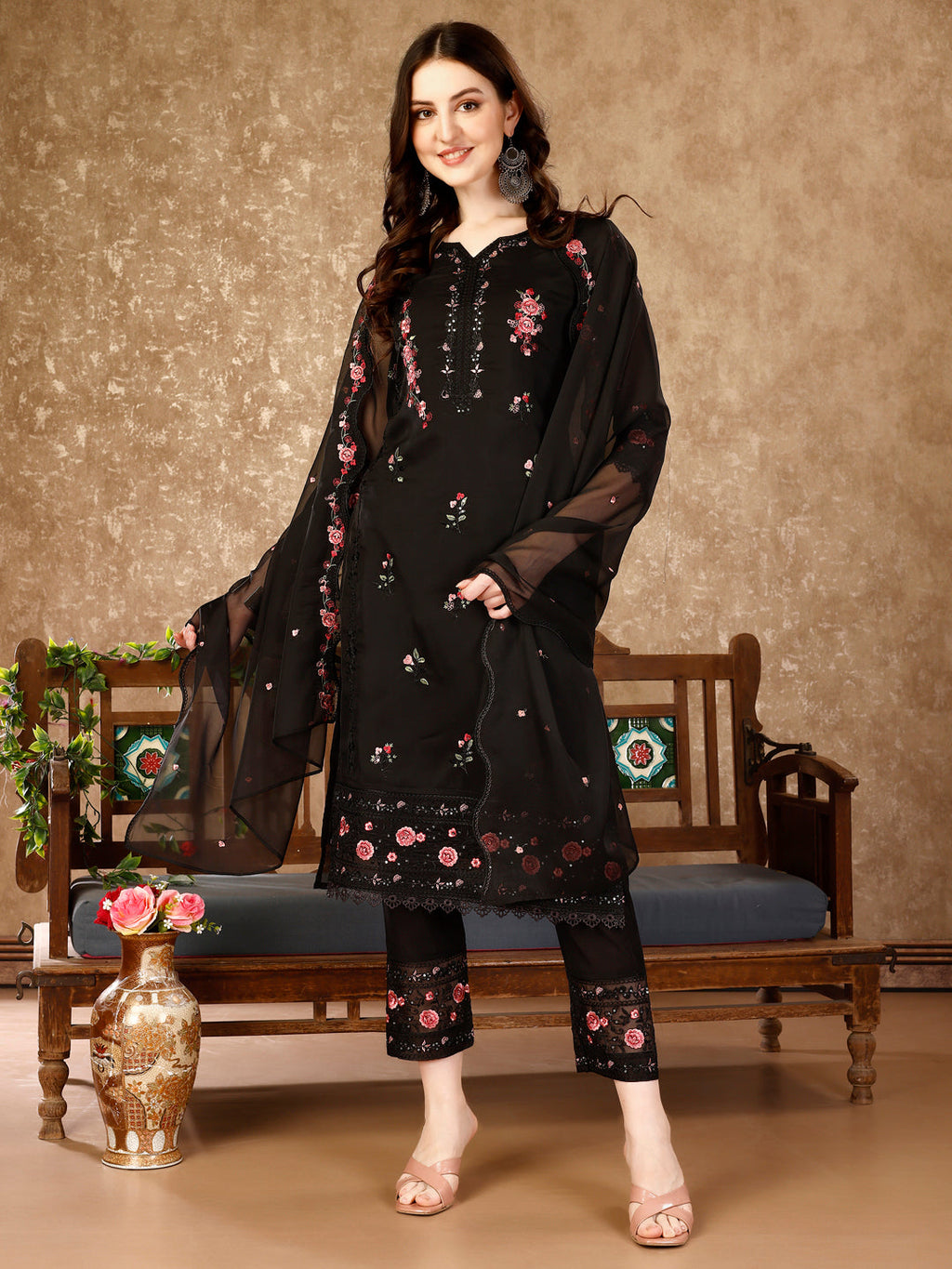 Pakistani Embroidered Kurta With Embroidered Pant & Embroidered Dupatta Premium Luxury, Multicolor - Hiral Fashion