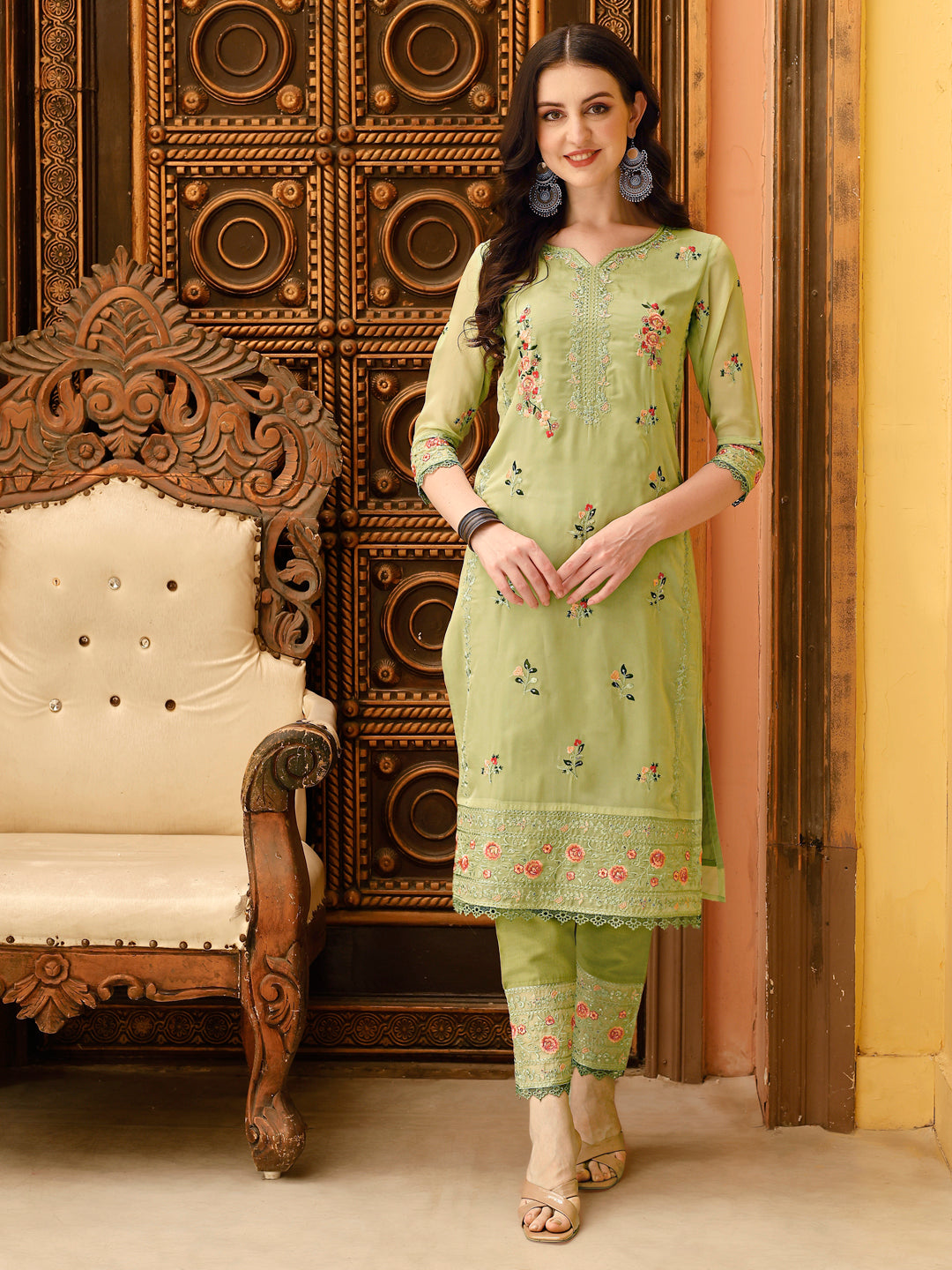 Pakistani Embroidered Kurta With Embroidered Pant & Embroidered Dupatta Premium Luxury, Multicolor - Hiral Fashion