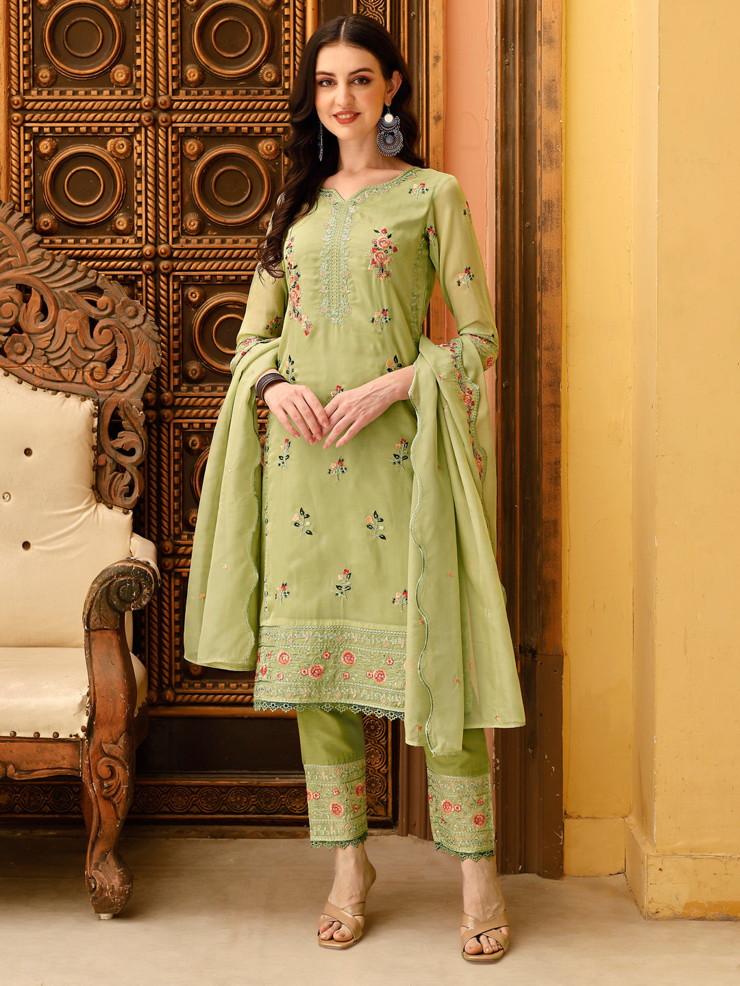 Pakistani Embroidered Kurta With Embroidered Pant & Embroidered Dupatta Premium Luxury, Multicolor - Hiral Fashion