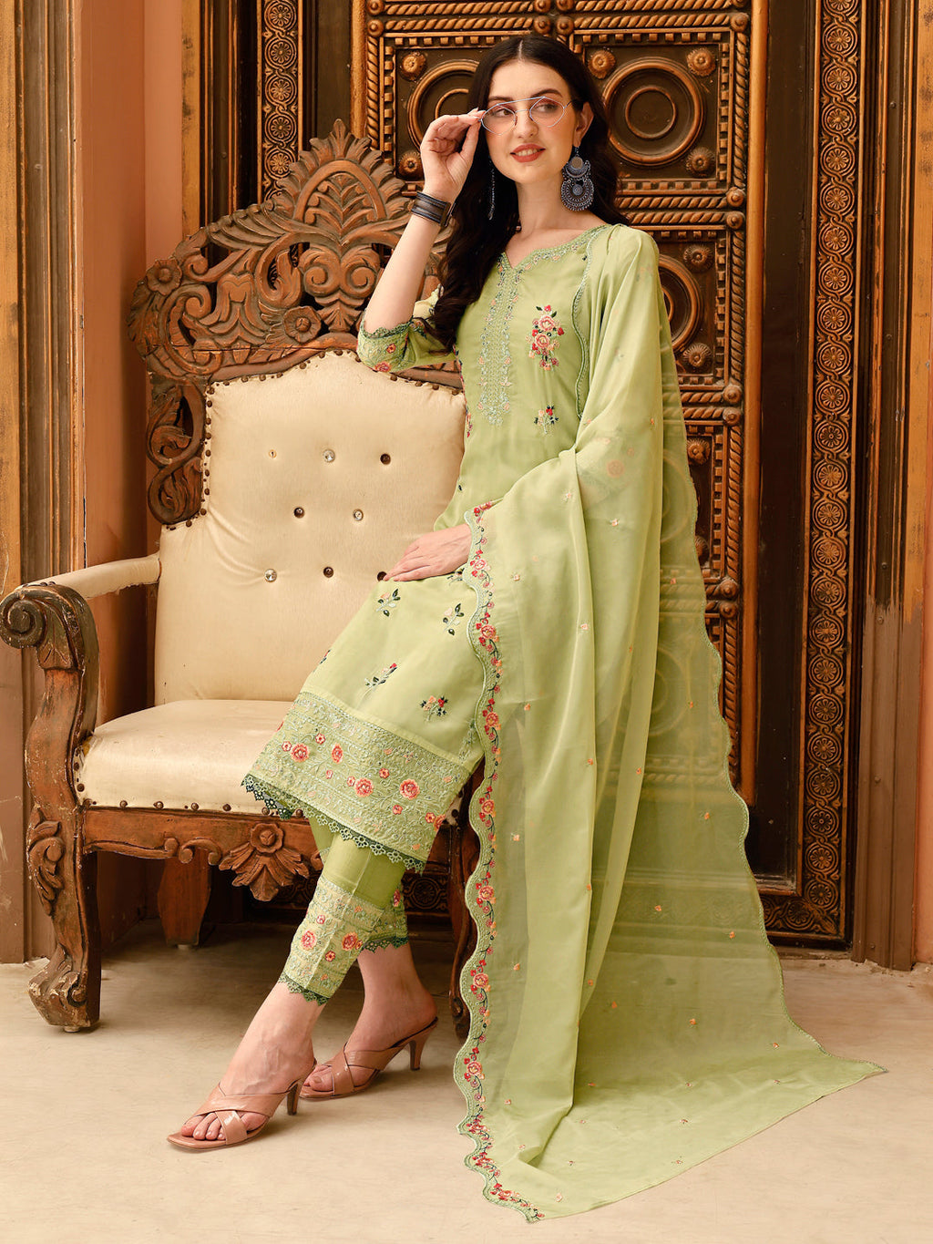 Pakistani Embroidered Kurta With Embroidered Pant & Embroidered Dupatta Premium Luxury, Multicolor - Hiral Fashion