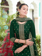Embroidered Kurta With Pant & Embroidered Dupatta, Bottle-Green - Hiral Fashion