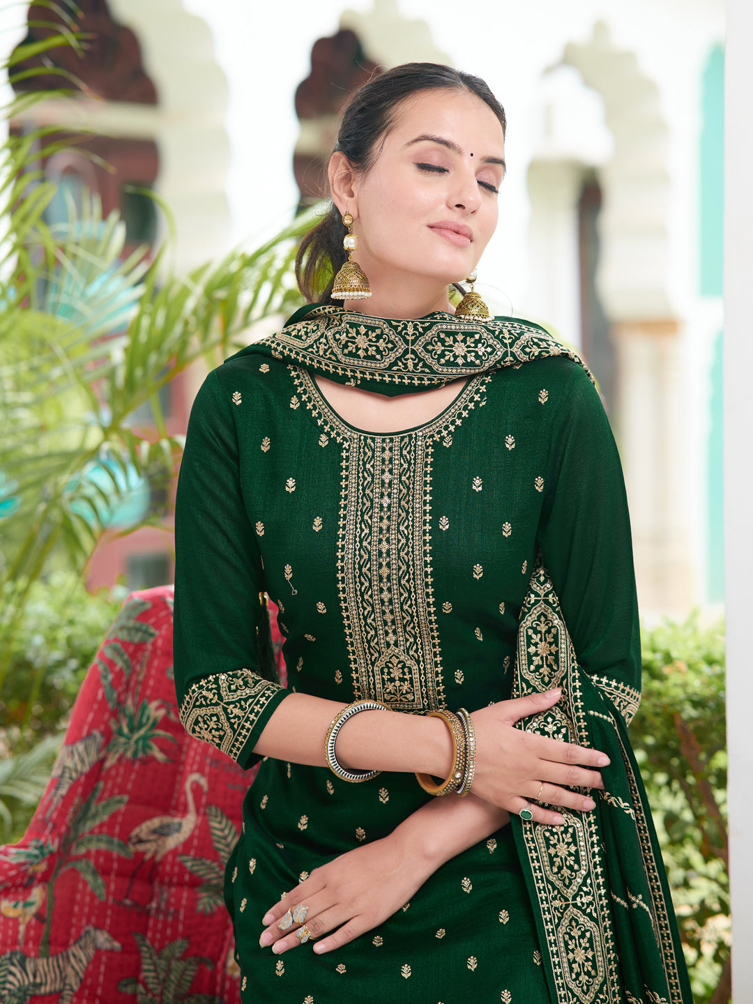 Embroidered Kurta With Pant & Embroidered Dupatta, Bottle-Green - Hiral Fashion