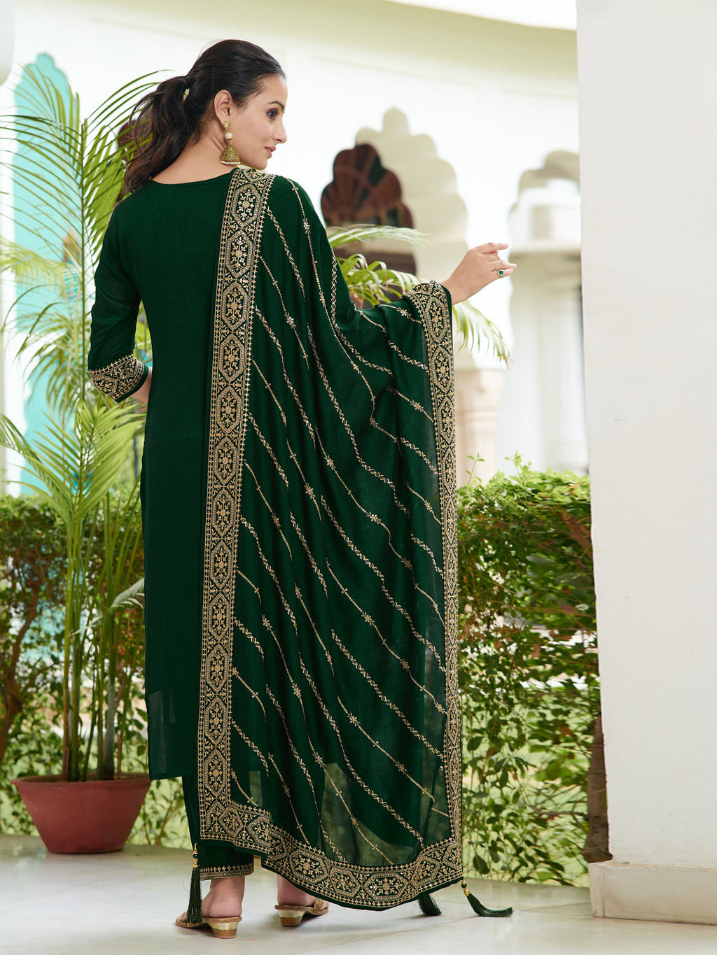 Embroidered Kurta With Pant & Embroidered Dupatta, Bottle-Green - Hiral Fashion