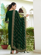Embroidered Kurta With Pant & Embroidered Dupatta, Bottle-Green - Hiral Fashion