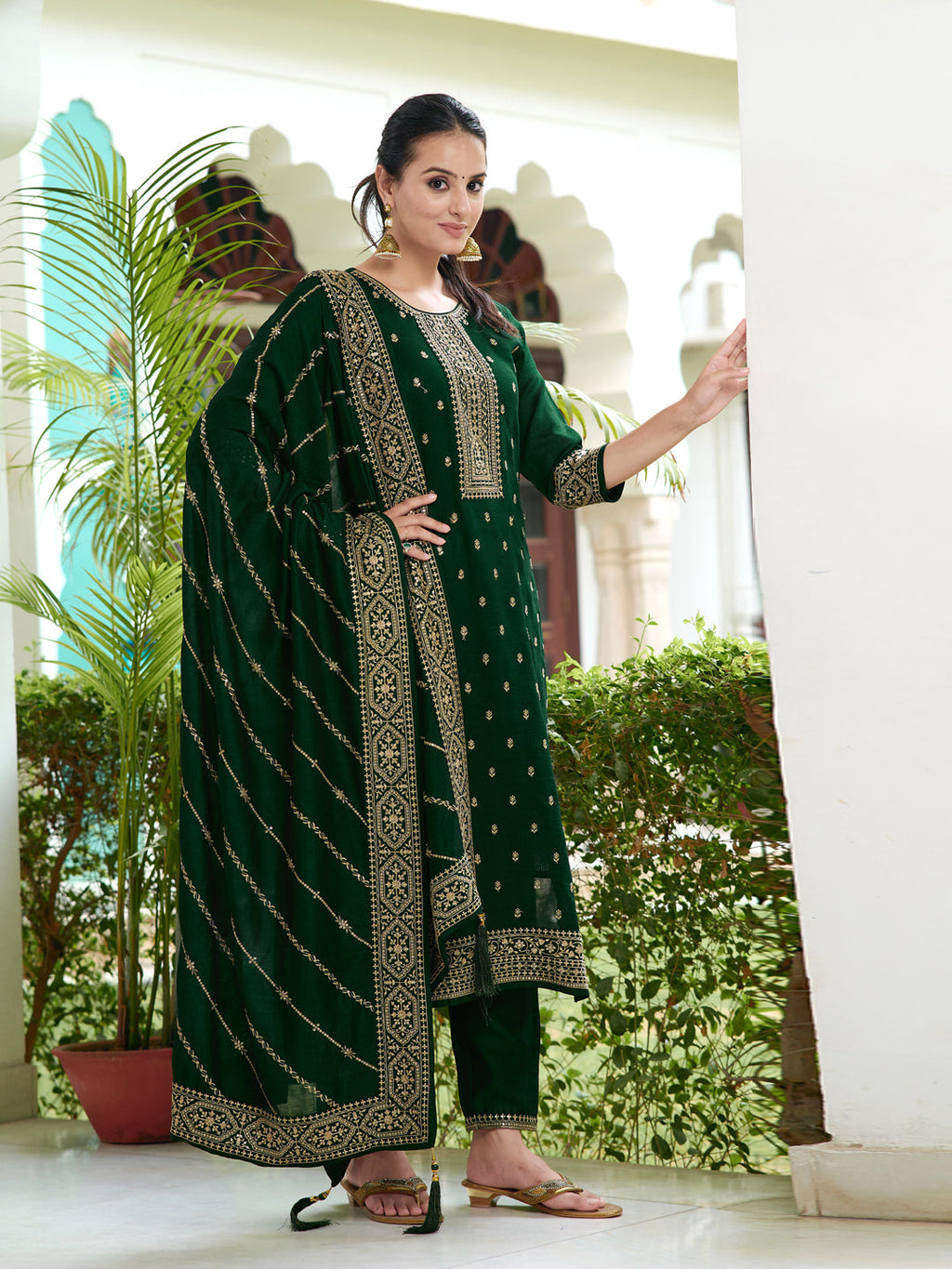 Embroidered Kurta With Pant & Embroidered Dupatta, Bottle-Green - Hiral Fashion