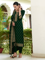 Embroidered Kurta With Pant & Embroidered Dupatta, Bottle-Green - Hiral Fashion