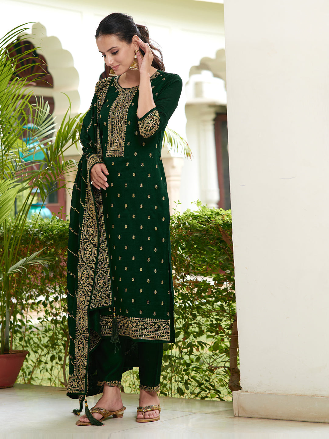 Embroidered Kurta With Pant & Embroidered Dupatta, Bottle-Green - Hiral Fashion