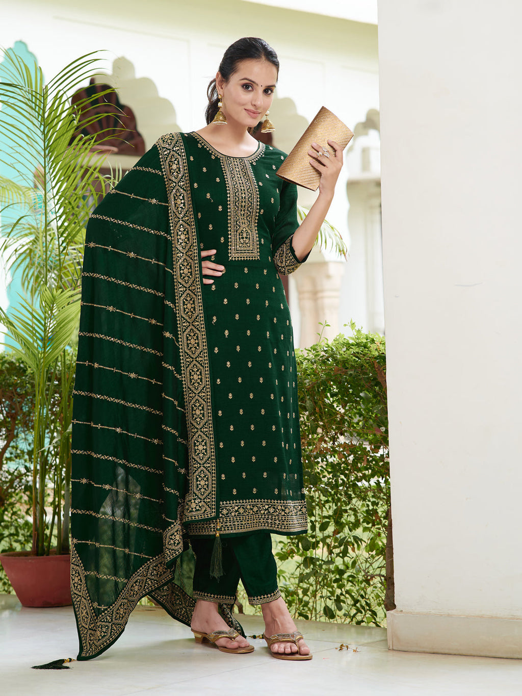 Embroidered Kurta With Pant & Embroidered Dupatta, Bottle-Green - Hiral Fashion