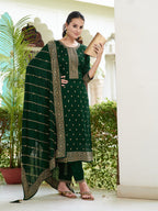 Embroidered Kurta With Pant & Embroidered Dupatta, Bottle-Green - Hiral Fashion