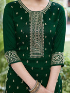 Embroidered Kurta With Pant & Embroidered Dupatta, Bottle-Green - Hiral Fashion
