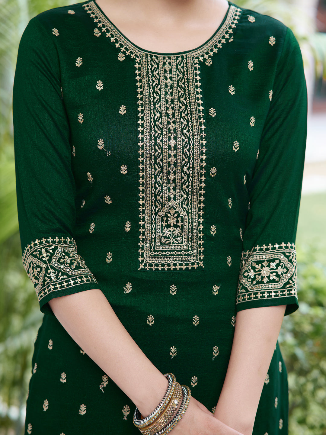 Embroidered Kurta With Pant & Embroidered Dupatta, Bottle-Green - Hiral Fashion