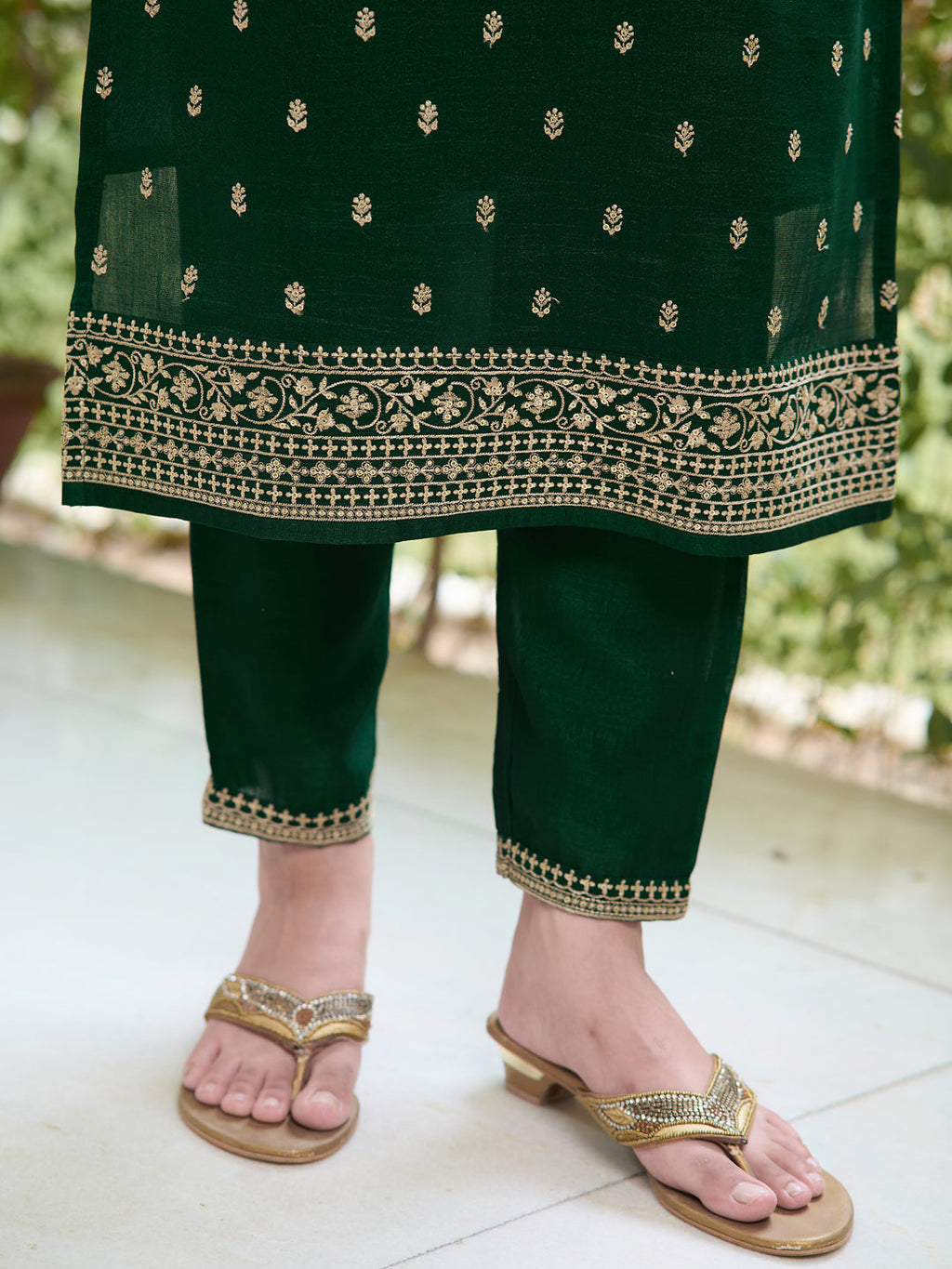 Embroidered Kurta With Pant & Embroidered Dupatta, Bottle-Green - Hiral Fashion