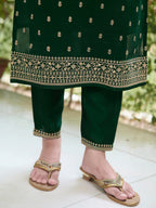 Embroidered Kurta With Pant & Embroidered Dupatta, Bottle-Green - Hiral Fashion
