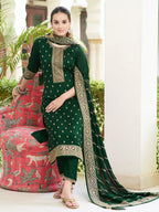 Embroidered Kurta With Pant & Embroidered Dupatta, Bottle-Green - Hiral Fashion