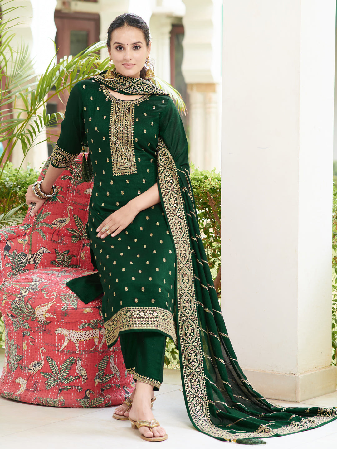 Embroidered Kurta With Pant & Embroidered Dupatta, Bottle-Green - Hiral Fashion