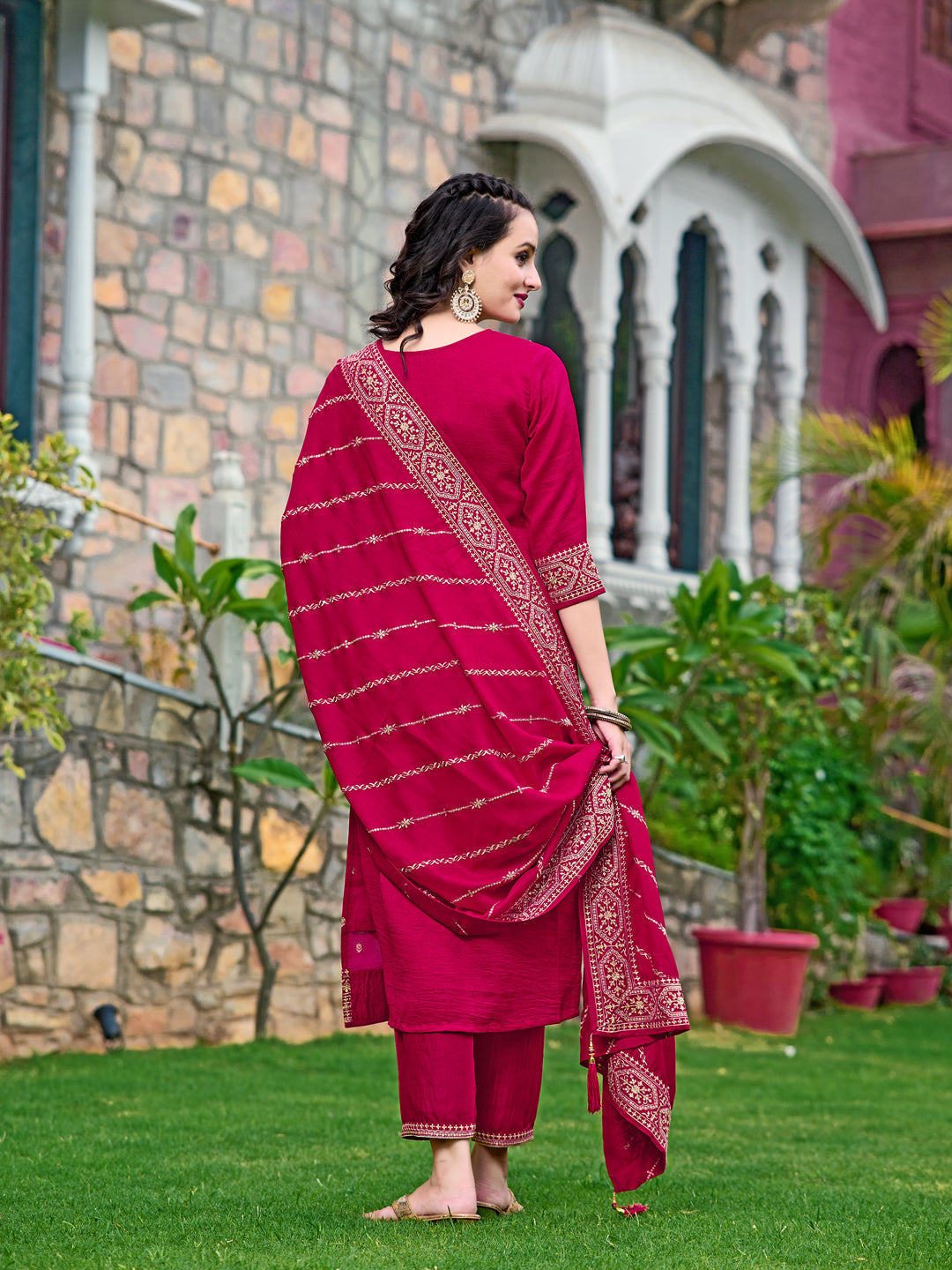 Embroidered Kurta With Pant & Embroidered Dupatta, Pink - Hiral Fashion - Distacart