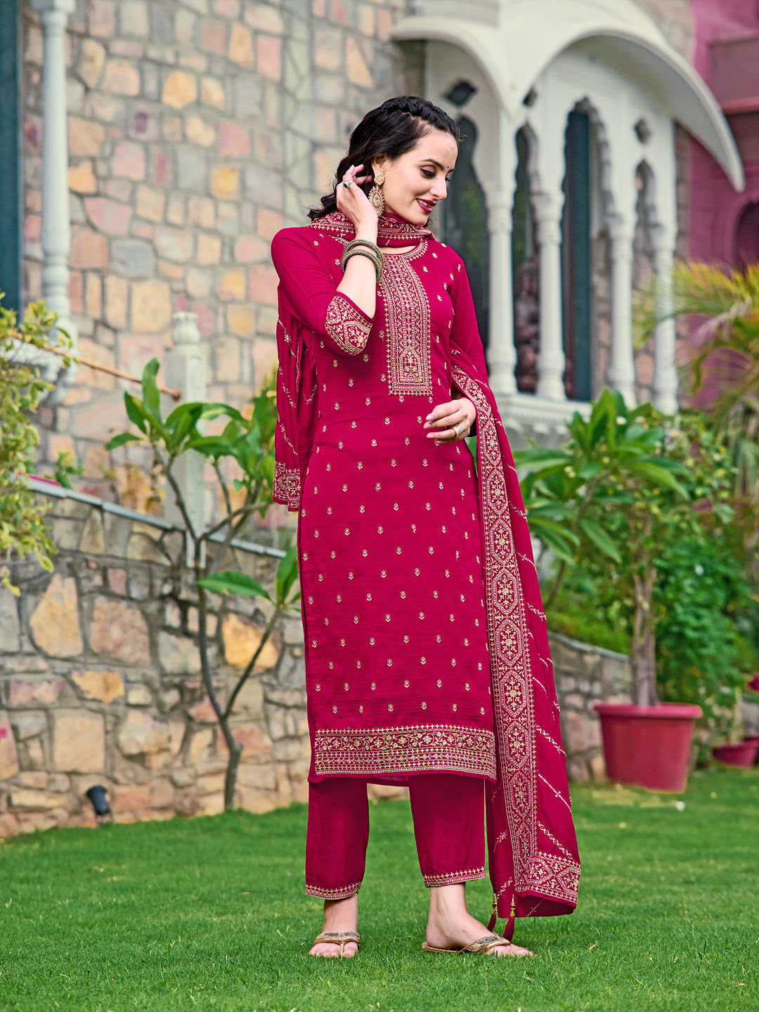 Embroidered Kurta With Pant & Embroidered Dupatta, Pink - Hiral Fashion - Distacart