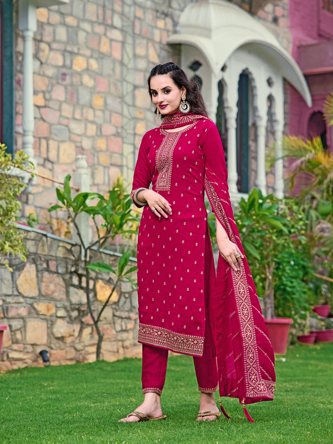 Embroidered Kurta With Pant & Embroidered Dupatta, Pink - Hiral Fashion - Distacart