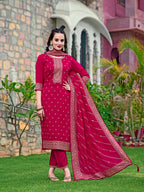 Embroidered Kurta With Pant & Embroidered Dupatta, Pink - Hiral Fashion - Distacart
