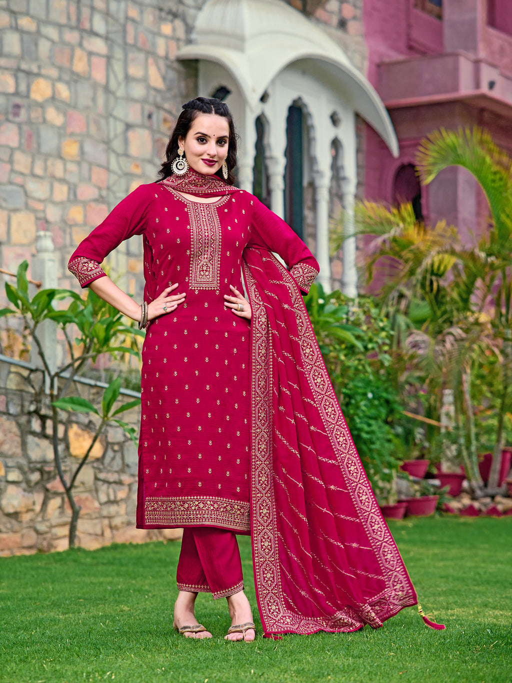 Embroidered Kurta With Pant & Embroidered Dupatta, Pink - Hiral Fashion - Distacart