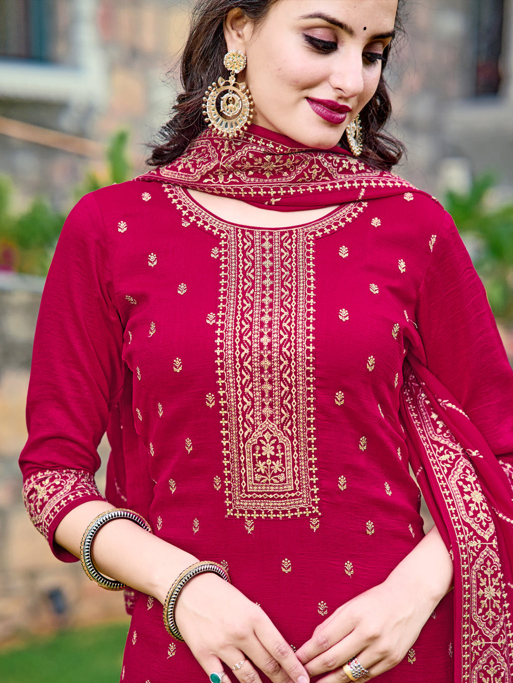 Embroidered Kurta With Pant & Embroidered Dupatta, Pink - Hiral Fashion - Distacart