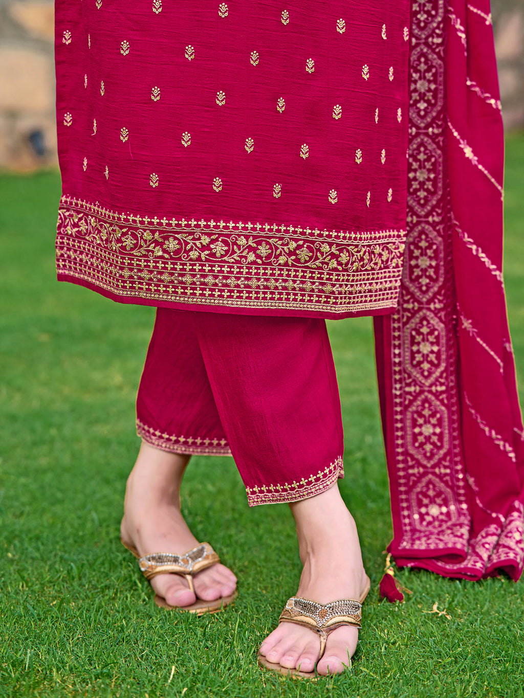 Embroidered Kurta With Pant & Embroidered Dupatta, Pink - Hiral Fashion - Distacart