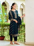 Embroidered Kurta With Pant & Embroidered Dupatta, Navy Blue - Hiral Fashion - Distacart