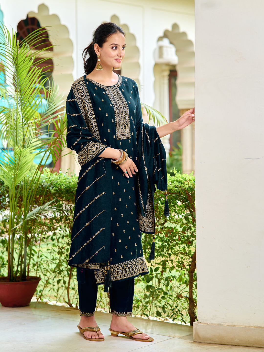 Embroidered Kurta With Pant & Embroidered Dupatta, Navy Blue - Hiral Fashion - Distacart