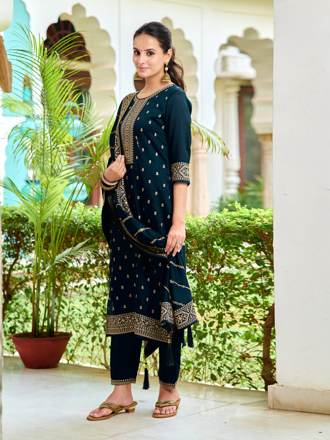 Embroidered Kurta With Pant & Embroidered Dupatta, Navy Blue - Hiral Fashion - Distacart