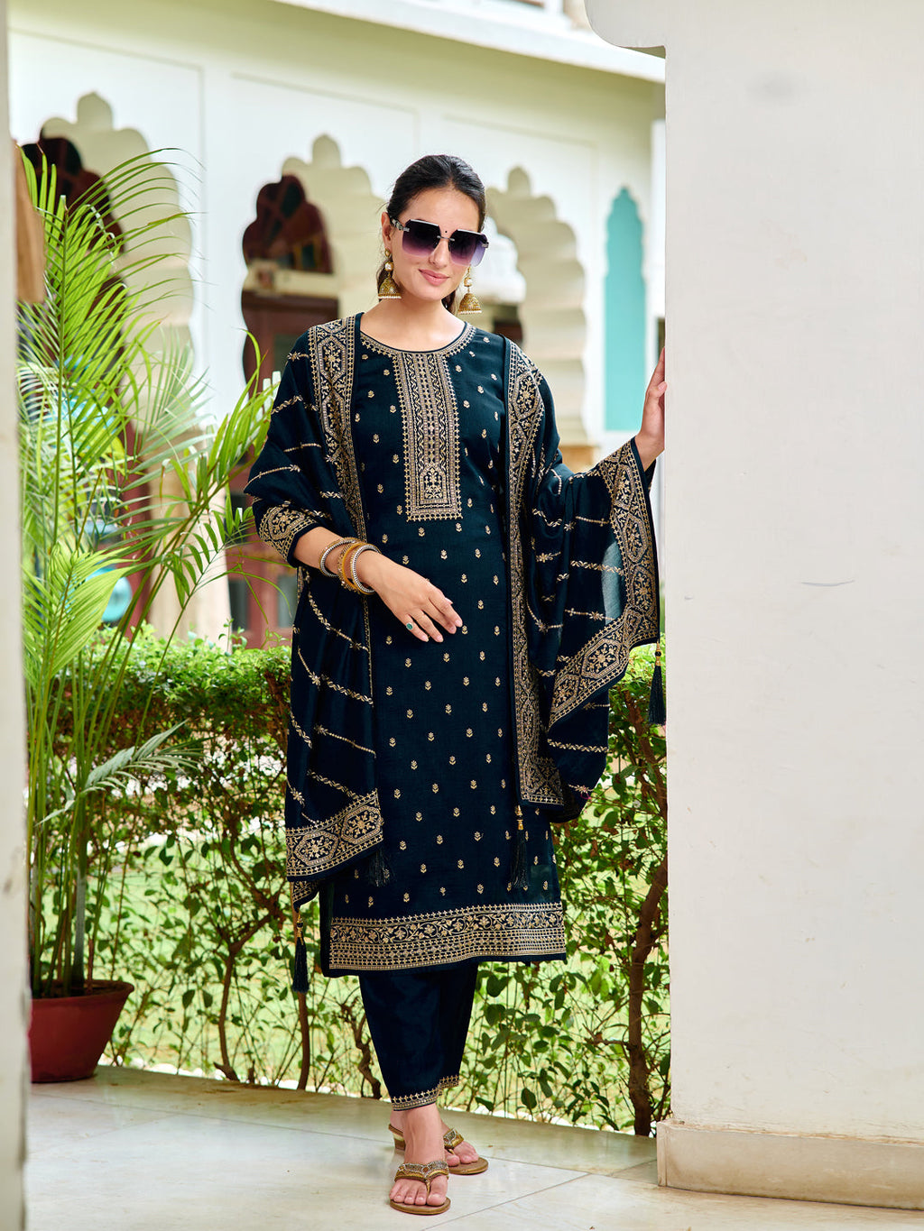 Embroidered Kurta With Pant & Embroidered Dupatta, Navy Blue - Hiral Fashion - Distacart