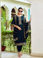Embroidered Kurta With Pant & Embroidered Dupatta, Navy Blue - Hiral Fashion - Distacart