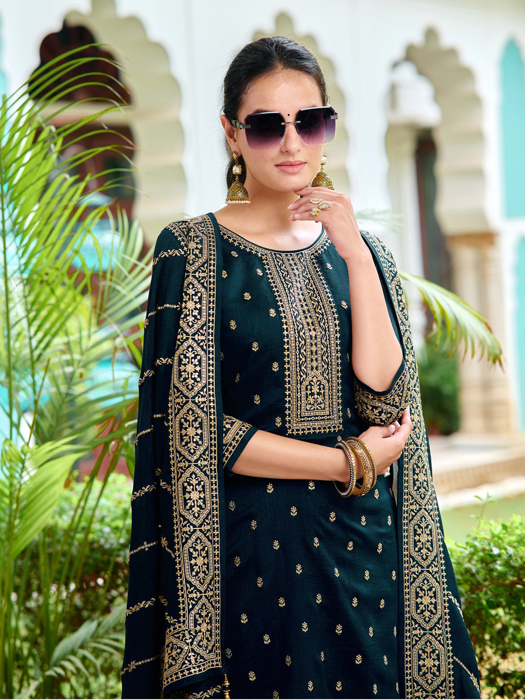 Embroidered Kurta With Pant & Embroidered Dupatta, Navy Blue - Hiral Fashion - Distacart