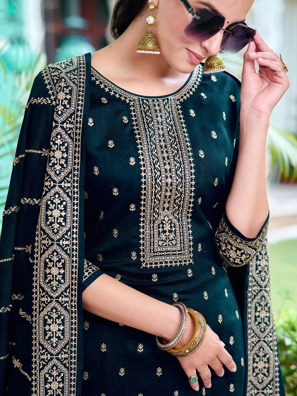 Embroidered Kurta With Pant & Embroidered Dupatta, Navy Blue - Hiral Fashion - Distacart