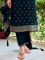 Embroidered Kurta With Pant & Embroidered Dupatta, Navy Blue - Hiral Fashion - Distacart
