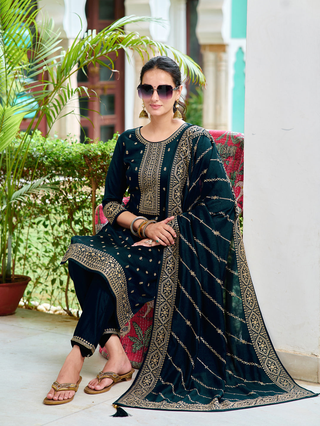 Embroidered Kurta With Pant & Embroidered Dupatta, Navy Blue - Hiral Fashion - Distacart