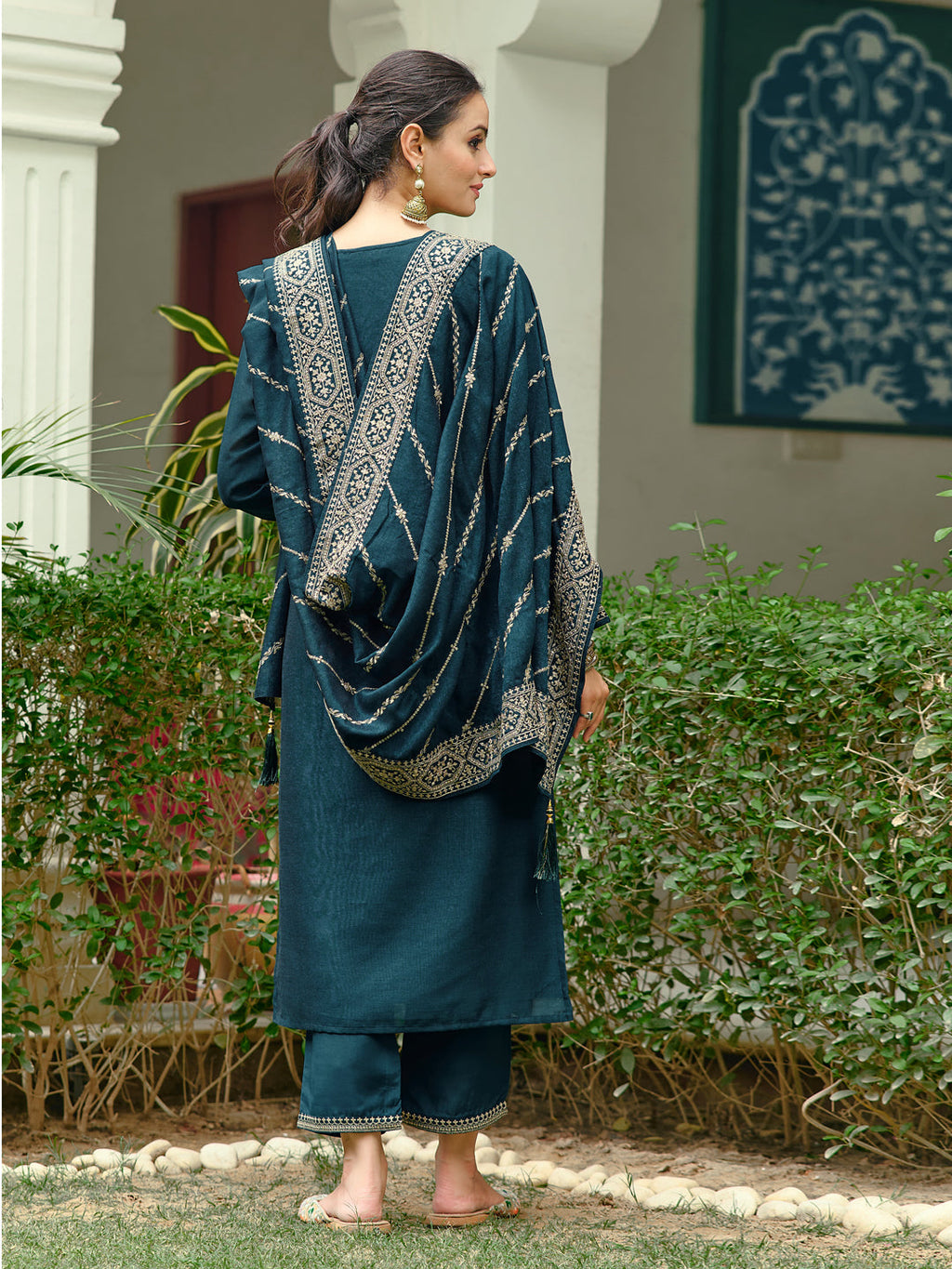 Embroidered Kurta With Pant & Embroidered Dupatta, Teal - Hiral Fashion - Distacart