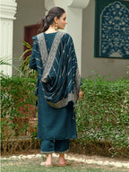 Embroidered Kurta With Pant & Embroidered Dupatta, Teal - Hiral Fashion - Distacart
